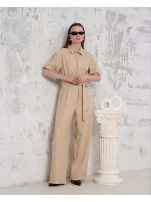 Bej Kuşaklı Gömlek Yaka Salaş Tulum Kadın Giyim