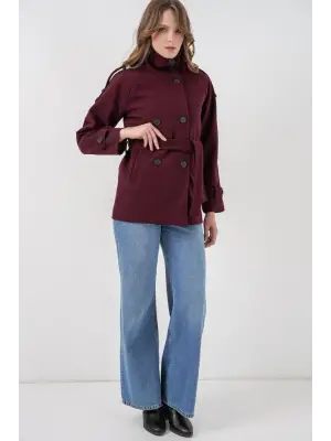 Bordo Kuşaklı Kaşe Kaban Kadın Giyim