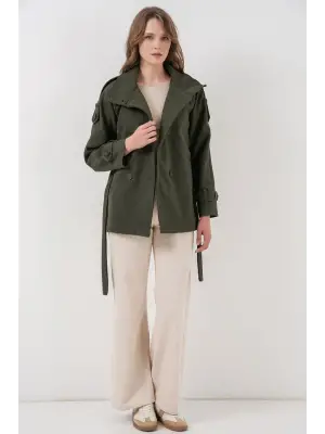 Kuşaklı Kaşe Kaban Haki Kadın Giyim