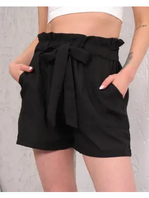 Siyah Kuşaklı Keten Şort Kadın Giyim