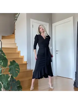 Omarı Krep Kumaş Midi Boy Kuşaklı Elbise