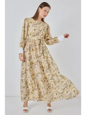 Kuşaklı Uzun Elbise 2584 - B.Sarı