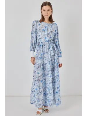 Kuşaklı Uzun Elbise 2584 - Mavi