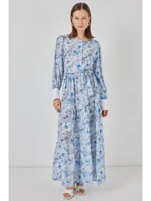 Kuşaklı Uzun Elbise 2584 - Mavi