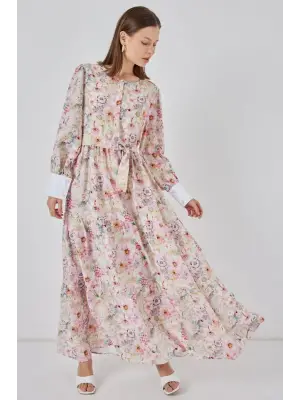 Kuşaklı Uzun Elbise 2584 - Pembe