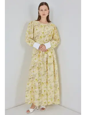 Kuşaklı Uzun Elbise 2584 - Sarı