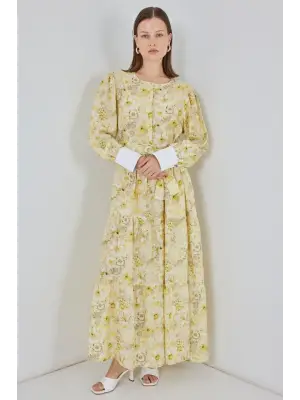 Kuşaklı Uzun Elbise 2584 - Sarı