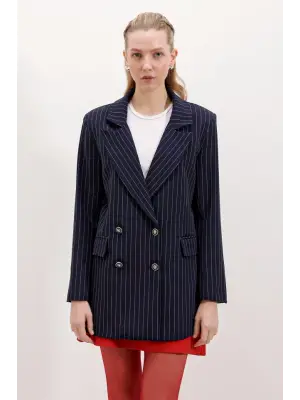 Lacivert Çift Düğmeli Çizgili Blazer Ceket 0699