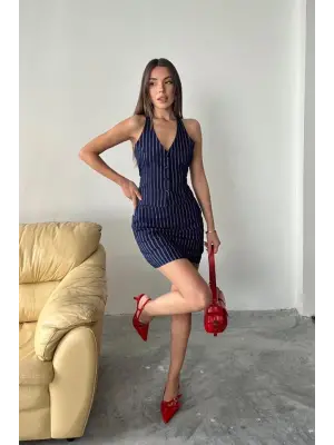 Lacivert Çizgili Yelek Ve Etek Takım