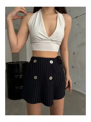 Lacivert Düğme Detaylı İtalyan Çizgili Şort Etek Kadın Giyim