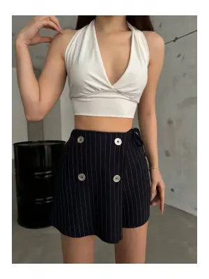 Omarı Elegan Lacivert Çizgili Şort Etek