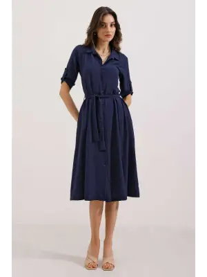 Lacivert Kuşaklı Gömlek Elbise 2442