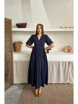 Lacivert Müslin Uzun Elbise
