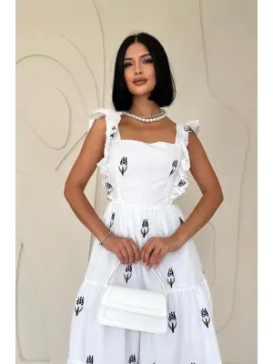 Lacivert Sıfır Kol Fırfırlı Elbise