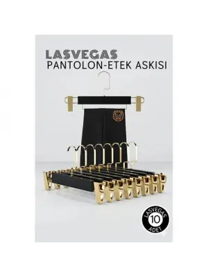 LasVegas  Siyah Ahşap Pantolon ve Etek Askı Seti 10lu Set, Lüks Amerikan Kancalı