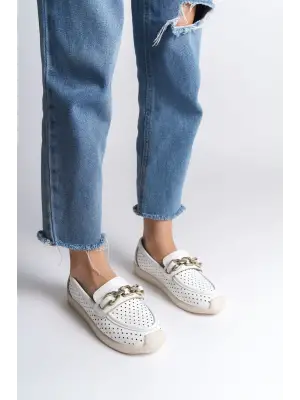 Beyaz Kalp Desenli Babet Ayakkabı Kadın Giyim