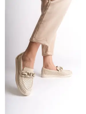 Şık Kalp Desenli Babet Ayakkabı - Krem