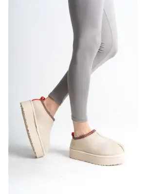 LEILA Bağcıksız Düz ve Kalın Tabaan İçi Kürklü Kısa Süet Bayan Bot  CKısa Topuk - Krem