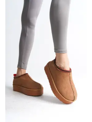 LEILA Bağcıksız Düz ve Kalın Tabaan İçi Kürklü Kısa Süet Bayan Bot Günlük ŞıkT - Taba