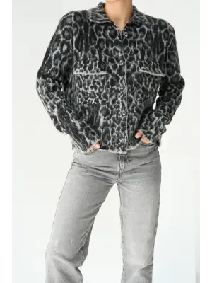 Şık Leopar Desen Jakarlı Hırka - Siyah ve Açık Gri