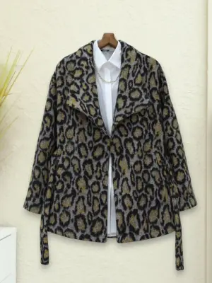 Omarı Şık ve Trendy Leopar Desenli Kaşe Ceket - Gri