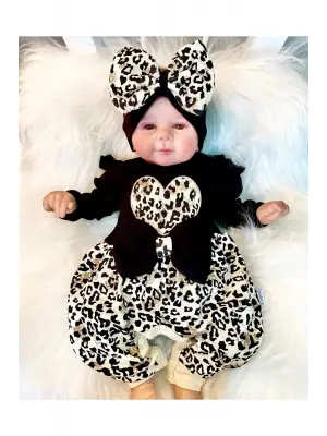 Leopar Desenli Fiyonklu % 100 Pamuk Kız Bebek Tulum