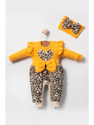 Leopar Desenli Fiyonklu % 100 Pamuk Kız Bebek Tulum