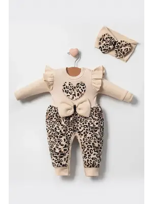 Leopar Desenli Fiyonklu % 100 Pamuk Kız Bebek Tulum