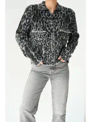 Omarı Leopar Desenli Jakarlı Hırka - Siyah Gri