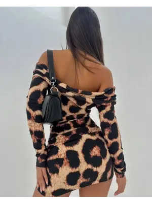 Omarı Leopar Desenli Mini Elbise