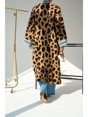 Omarı Uzun Leopar Desenli İki Renkli Hırka