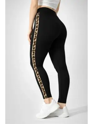 Likralı Yan Leopar Şeritli Detaylı Tayt - Siyah