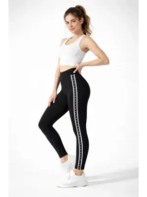 Siyah Yan Yıldız Şeritli Tayt Kadın Giyim