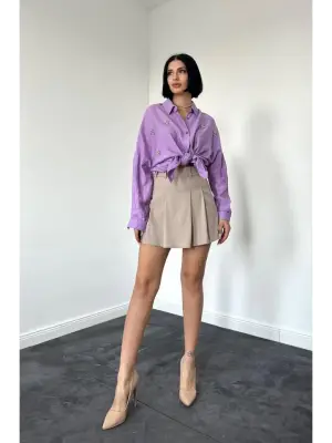 Omarı Işıltılı Lila Kristal Taşlı Gömlek
