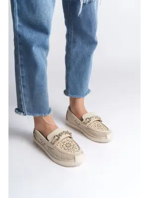 Krem Çiçek Desenli Babet Ayakkabı Kadın Ayakkabı