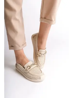 Krem Kalp Desenli Babet Ayakkabı Kadın Giyim