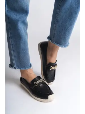 Siyah Kalp Desenli Babet Ayakkabı Kadın Giyim