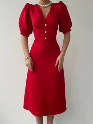 Omarı Siyah Dantelli Linda Midi Elbise