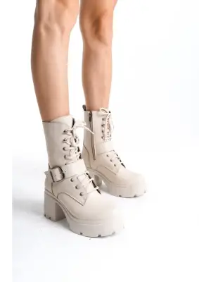 Linma Bej Cilt Bağcıklı Topuklu Bot