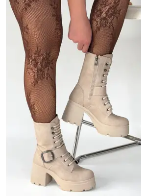 Bej Nubuk Bağcıklı Topuklu Bot Kadın Giyim