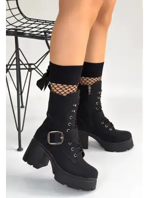 Linma Siyah Nubuk Bağcıklı Topuklu Bot