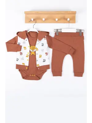 Littie Nakışlı % 100 Pamuk Hırkalı 3lü Erkek Takım