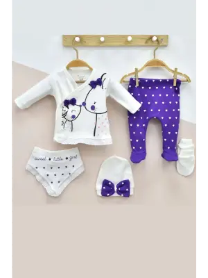 Little Mause Desenli % 100 Pamuk 5li Kız Bebek Hastane Çıkış Seti