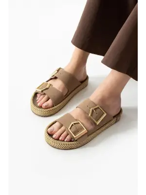 Vizon Nubuk Çift Tokalı Terlik Kadın Giyim