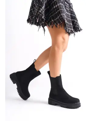 Omarı Bağcıksız Süet Rahat Tabanlı Bayan Bot - Siyah