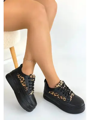 Lorrin Siyah Cilt Leopar Detaylı Bağcıklı Spor Ayakkabı