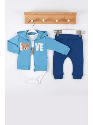 Love Bear Nakışlı % 100 Pamuk Hırkalı 3lü Erkek Takım