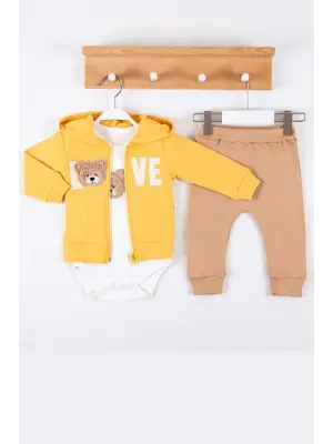 Love Bear Nakışlı % 100 Pamuk Hırkalı 3lü Erkek Takım