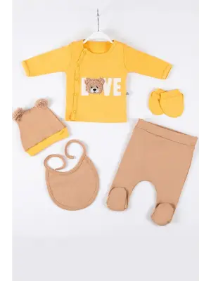 Love Bear Nakışlı 5li % 100 Pamuk Erkek Bebek Hastane Çıkış Seti