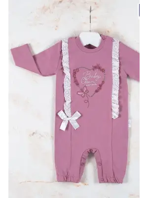 Love Kalp Nakışlı % 100 Pamuk Kız Bebek Tulumu